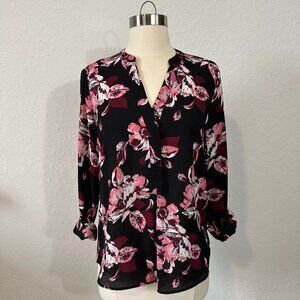 The Limited S Easy Fit V-Neck Roll Tab Long Sleeve Floral Dressy Blouse